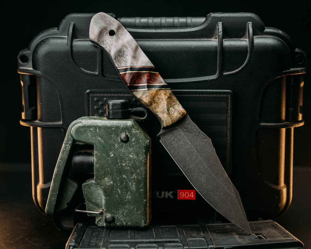 Field Knife - Buckeye, Black G10, Brass & Copper Pin Striping, Dersert Ironwood Split, Elk Antler, Mosaic Pin, Brass Lanyard Pin, Textured Grip.