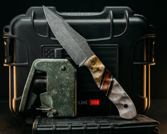 Field Knife - Buckeye, Black G10, Brass & Copper Pin Striping, Dersert Ironwood Split, Elk Antler, Mosaic Pin, Brass Lanyard Pin, Textured Grip.