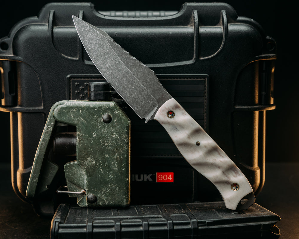 Field Knife- Elk Antler, Patriot Mosaic Pins,Textured Grip.