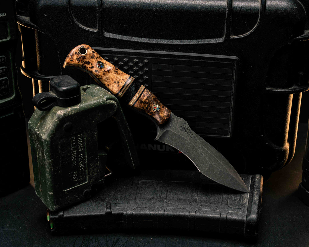 Extremis MK1- Black Ash Burl, Black G10, Coyote G10 and Brass Pin Striping, Black Canvas Micarta, Patriot Mosaic Pins, Brass Lanyard Pin, Textured Grip