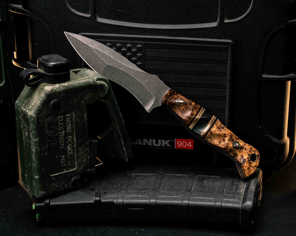 Extremis MK1- Black Ash Burl, Black G10, Coyote G10 and Brass Pin Striping, Black Canvas Micarta, Patriot Mosaic Pins, Brass Lanyard Pin, Textured Grip