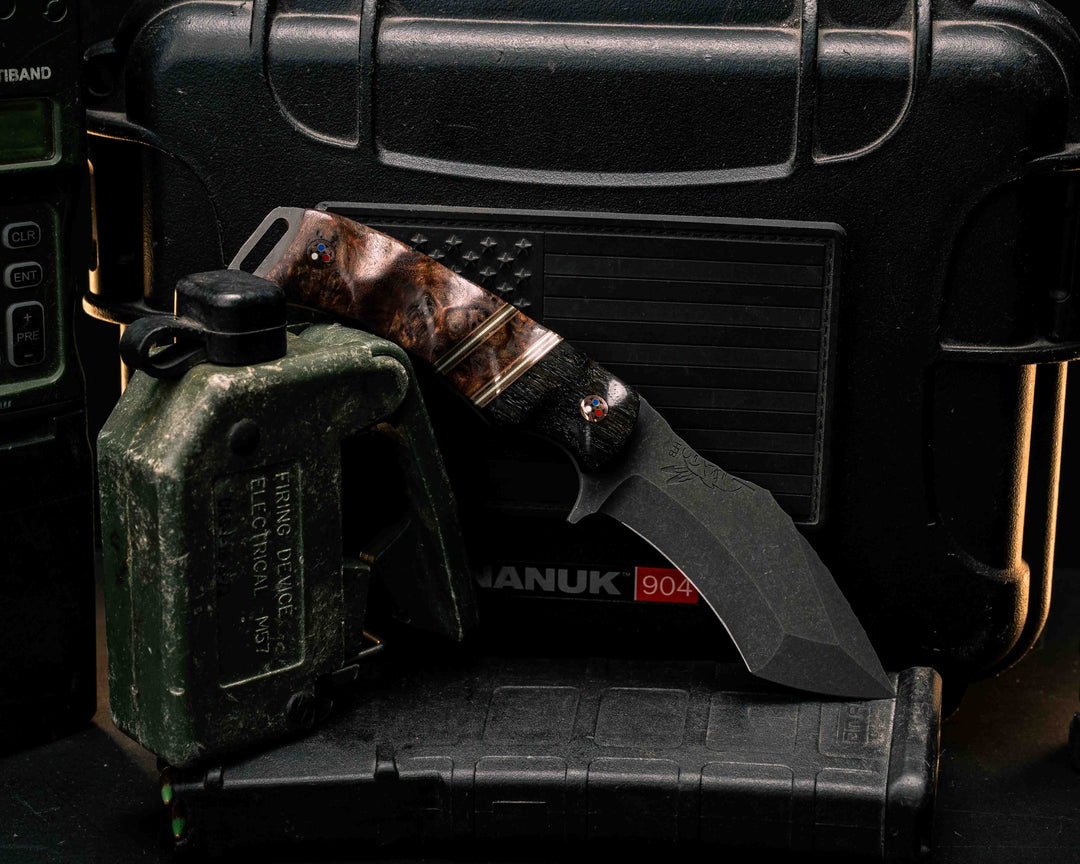 Buteo- Ancient Bog Oak, Copper, OD Green G10 and White G10 Pin Striping, Mahogany Split, Mahogany, Copper Patriot Mosaic Pins, Textured Grip