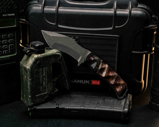 Buteo- Ancient Bog Oak, Copper, OD Green G10 and White G10 Pin Striping, Mahogany Split, Mahogany, Copper Patriot Mosaic Pins, Textured Grip