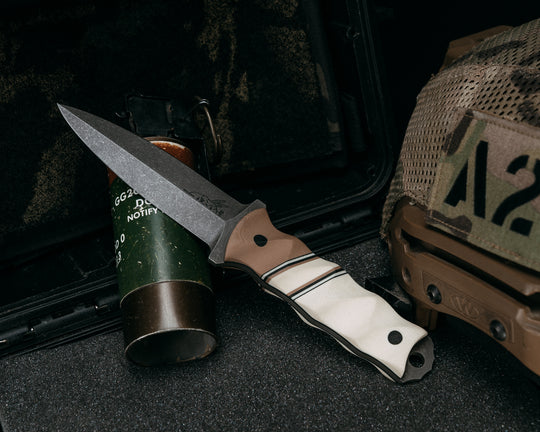 Combat Dagger- Coyote G10, Black G10, White G10, Coyote G10 and Desert Tan G10 Split, Desert Tan G10, CF Pins, Textured Grip