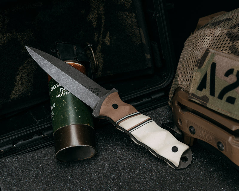 Combat Dagger- Coyote G10, Black G10, White G10, Coyote G10 and Desert Tan G10 Split, Desert Tan G10, CF Pins, Textured Grip