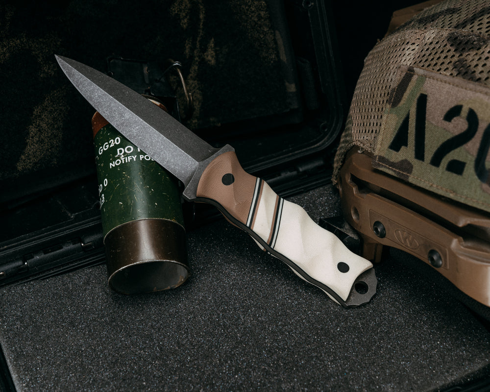 Combat Dagger- Coyote G10, Black G10, White G10, Coyote G10 and Desert Tan G10 Split, Desert Tan G10, CF Pins, Textured Grip