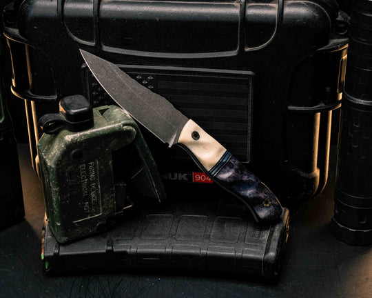 Field Knife Jr- Giraffe Bone, Black G10, Aluminum, Blue G10 and Brass Split, Dyed Redwood, Mosaic Pins, 1/8" Mosaic Pin, Textured Grip