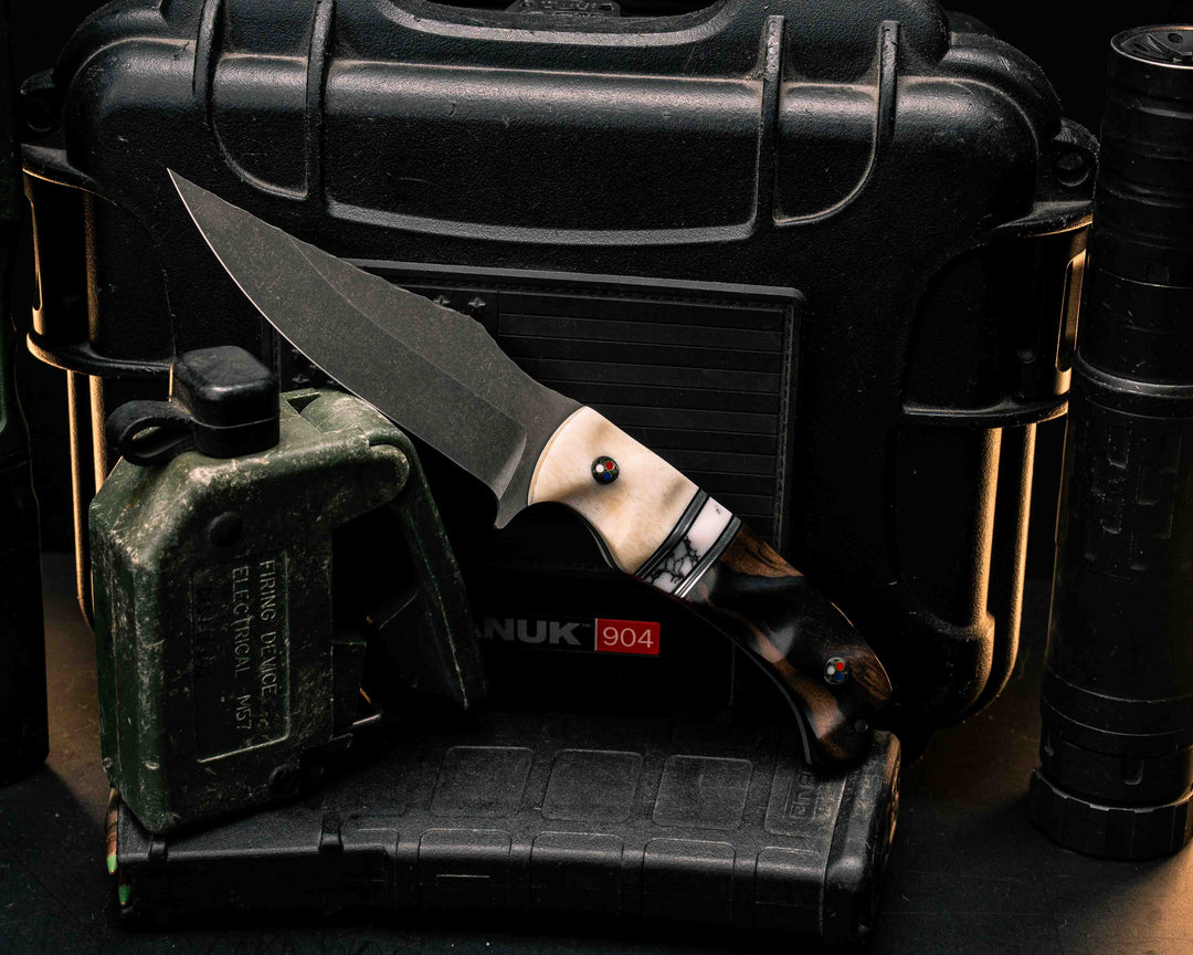 Tosahwi- Giraffe Bone, Black G10, Aluminum Grey G10 and Brass Pin Striping, White with Copper Matrix Tru-stone Split, Black and White Ebony, Patriot Mosaic Pins, Textured Grip