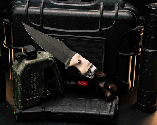 Tosahwi- Giraffe Bone, Black G10, Aluminum Grey G10 and Brass Pin Striping, White with Copper Matrix Tru-stone Split, Black and White Ebony, Patriot Mosaic Pins, Textured Grip