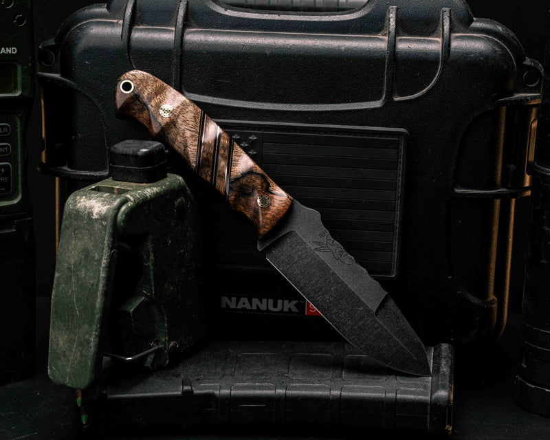 Disaster Jr Gen 3- Hawaiian Curly Mango, Black G10, Coyote G10 and Copper Pin Striping, Hawaiian Curly Mango Split, Mosaic Pins, Brass Lanyard Pin, Textured Grip