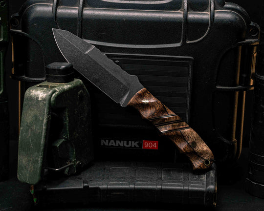 Disaster Jr Gen 3- Hawaiian Curly Mango, Black G10, Coyote G10 and Copper Pin Striping, Hawaiian Curly Mango Split, Mosaic Pins, Brass Lanyard Pin, Textured Grip