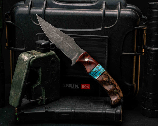Tosahwi- Dyed Amboyna, Black G10 and Brass Pin Striping, Turquoise with Gold Web Tru-stone Split, Mahogany, Mosaic Pins, Textured Grip
