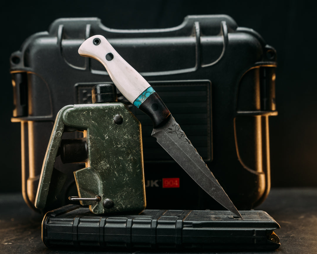 Congressman- Desert Ironwood, Black G10, Brass and Turquoise with Gold Web Tru-stone Split, Elk Antler, CF Pins, CF Lanyard Pin, Smooth Grip