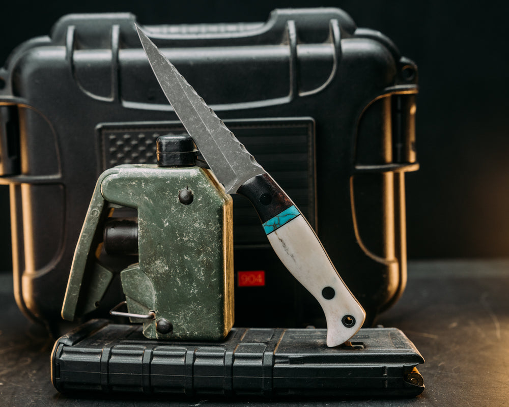 Congressman- Desert Ironwood, Black G10, Brass and Turquoise with Gold Web Tru-stone Split, Elk Antler, CF Pins, CF Lanyard Pin, Smooth Grip