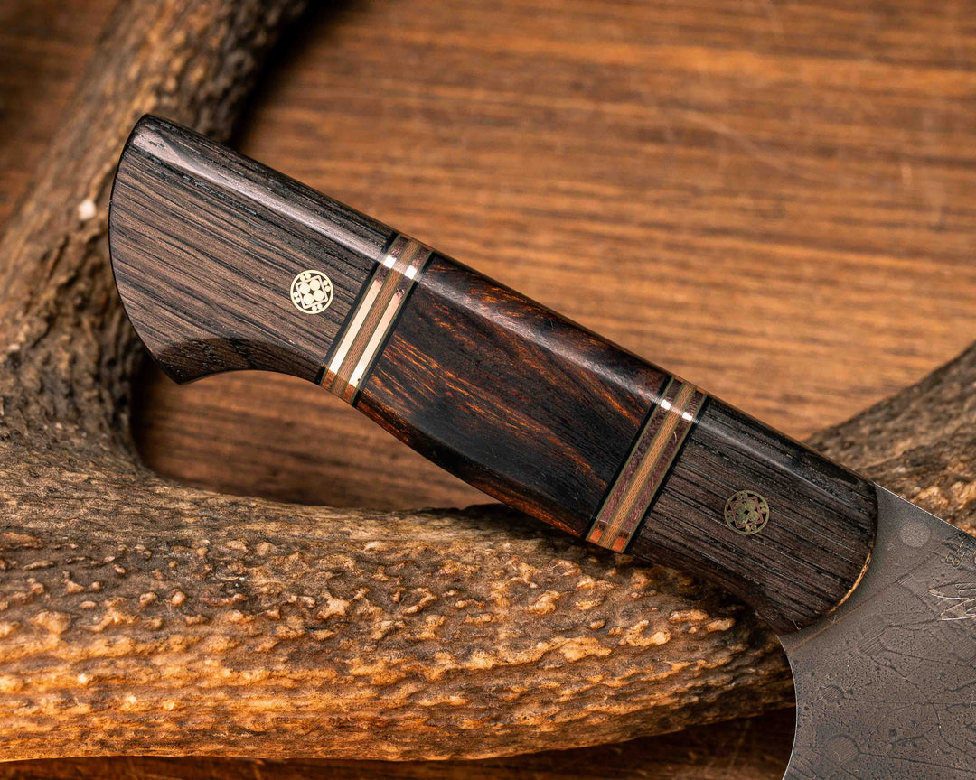 Chef Set- Ancient Bog Oak, Black G10, OD Green G10, Copper and Coyote G10 Pin Striping, Desert Ironwood Split, Mosaic Pins, Smooth Grip