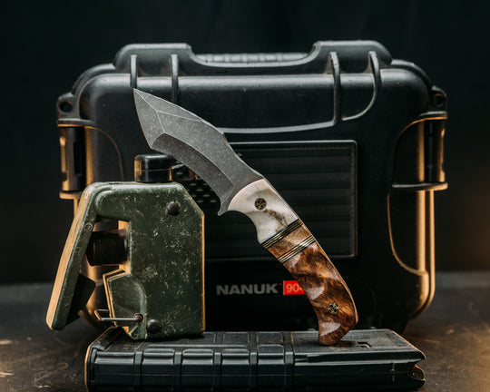 Buteo- Elk antler, Black G10 and Brass Pin Striping, Hawaiian Curly Koa Split, Hawaiian Curly Mango, Mosaic Pins, Textured Grip