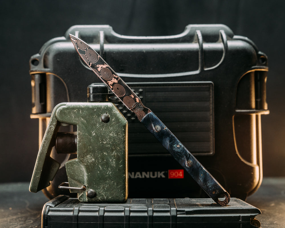 OSS Spike- Baker Forge Raindrop Pattern CopperMai- Dyed Maple, Mosaic Pins, Textured Grip