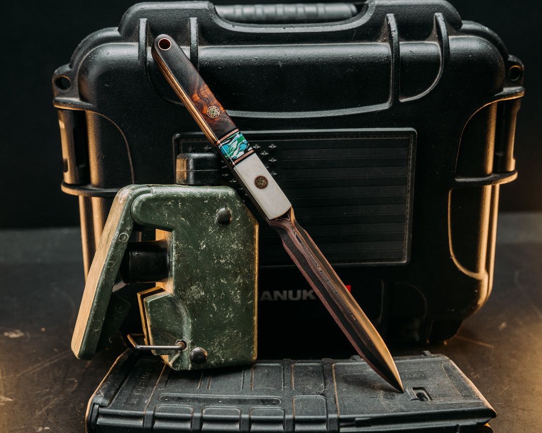 OSS Spike- Baker Forge Raindrop Pattern CopperMai- Elk Antler, Black G10 and Copper Pin Striping, Confetti Tru-stone Split, Desert Ironwood, Mosaic Pins, Copper Lanyard Pin, Smooth Grip