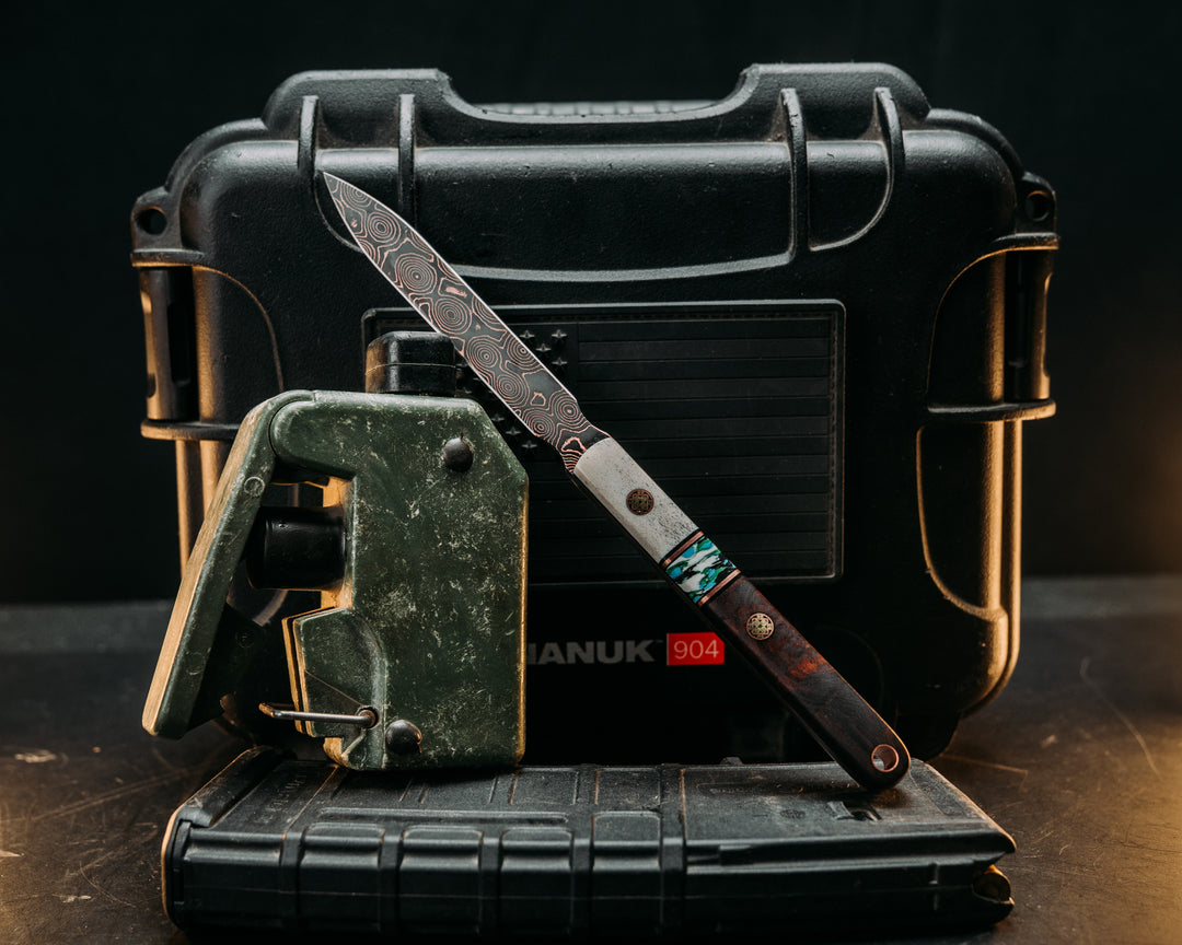 OSS Spike- Baker Forge Raindrop Pattern CopperMai- Elk Antler, Black G10 and Copper Pin Striping, Confetti Tru-stone Split, Desert Ironwood, Mosaic Pins, Copper Lanyard Pin, Smooth Grip