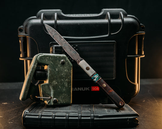 OSS Spike- Baker Forge Raindrop Pattern CopperMai- Elk Antler, Black G10 and Copper Pin Striping, Confetti Tru-stone Split, Desert Ironwood, Mosaic Pins, Copper Lanyard Pin, Smooth Grip
