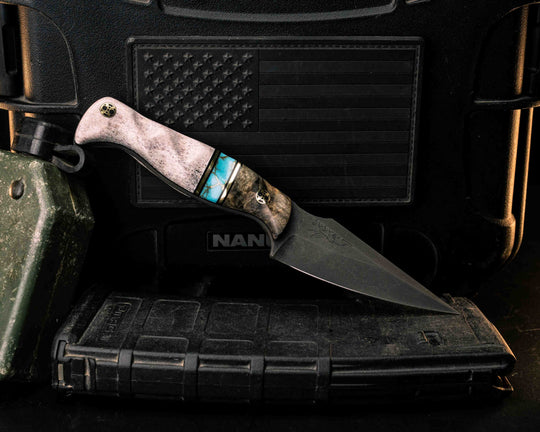 Gulo Gulo- Buckeye Burl, Black G10 and Brass Pin Striping, Turquoise with Gold Web  Tru-stone Split, Elk Antler, Mosaic Pins, Textured Grip