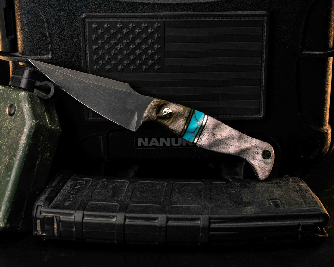Gulo Gulo- Buckeye Burl, Black G10 and Brass Pin Striping, Turquoise with Gold Web  Tru-stone Split, Elk Antler, Mosaic Pins, Textured Grip