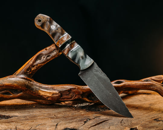 Crow Jr- Ram's Horn Over Black Canvas Micarta, Aluminum and Brass Pin Striping, Teak and Black Canvas Micarta Split, Desert Ironwood, Mosaic Pins, Brass Lanyard Pin, Textured Grip