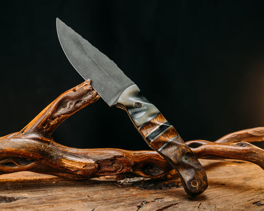 Crow Jr- Ram's Horn Over Black Canvas Micarta, Aluminum and Brass Pin Striping, Teak and Black Canvas Micarta Split, Desert Ironwood, Mosaic Pins, Brass Lanyard Pin, Textured Grip
