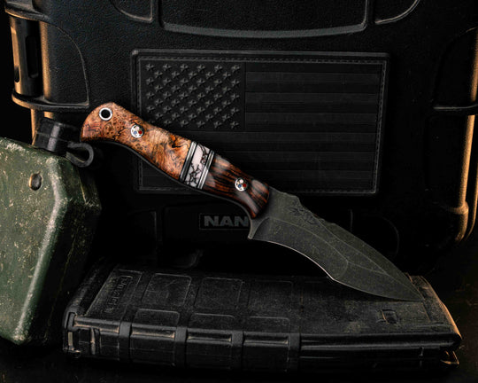Extremis MK1- Desert Ironwood, Black G10, Aluminum and Brass Pin Striping, White with Copper Matrix Tru-stone Split, Spalted Box Elder, Patriot Mosaic Pins, Aluminum Lanyard Pin, Textured Grip