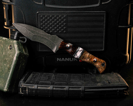 Extremis MK1- Desert Ironwood, Black G10, Aluminum and Brass Pin Striping, White with Copper Matrix Tru-stone Split, Spalted Box Elder, Patriot Mosaic Pins, Aluminum Lanyard Pin, Textured Grip