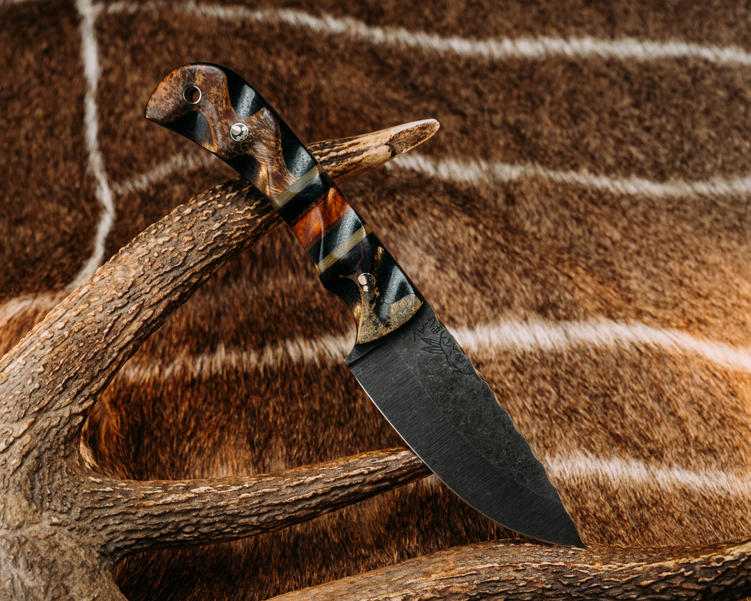 Cavner- Desert Ironwood Over Black Canvas Micarta, OD Green, Black & Natural Canvas Micarta Pin Sytriping, Desert Ironwood Split, Black Ash Over Black Canvas Micarta, Mosaic Pins, textured Grip.