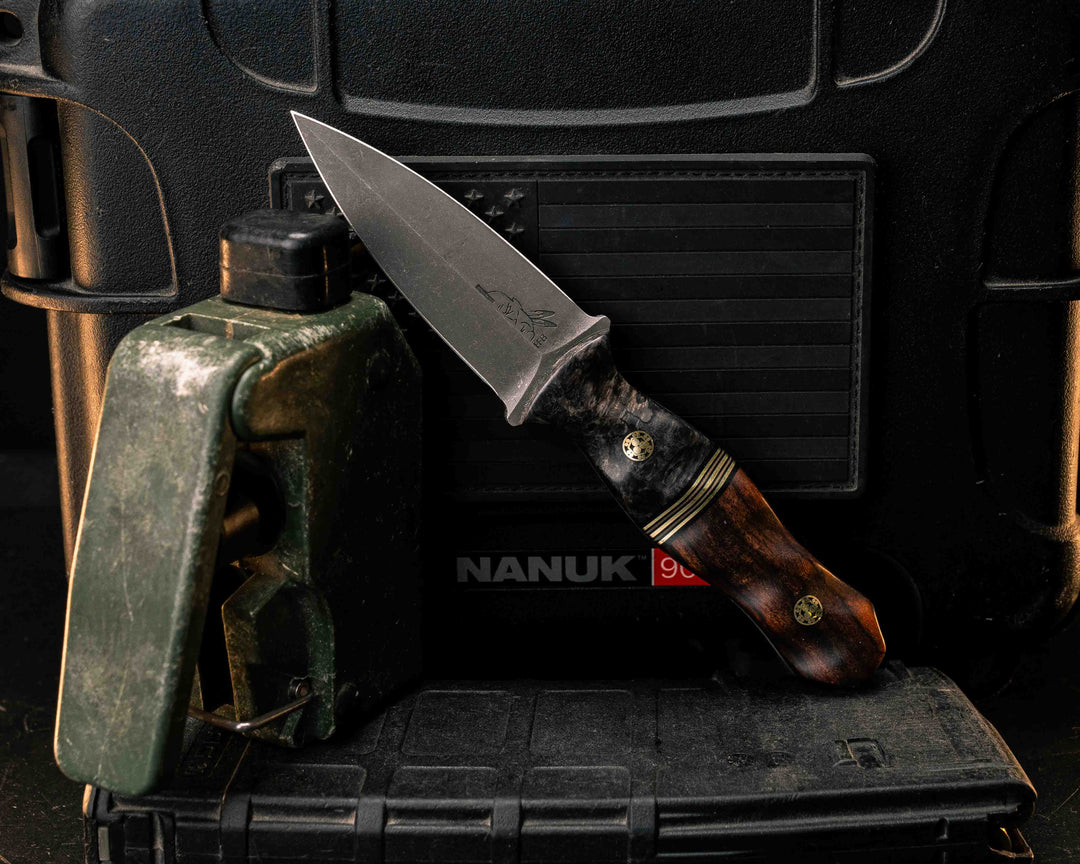 Pulse Checker- Dyed Buckeye Burl, Black G10, Brass and Coyote G10 Split, Desert Ironwood, Mosaic Pins, Textured Grip
