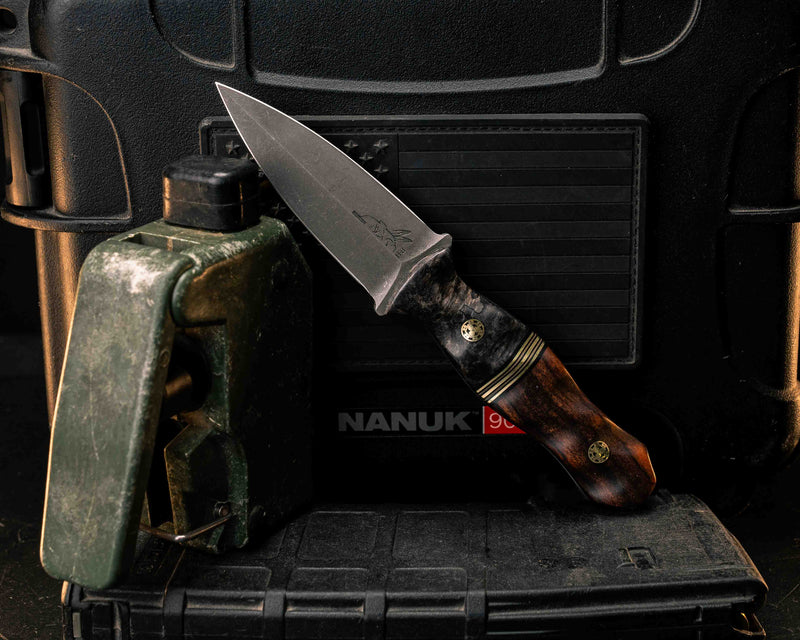 Pulse Checker- Dyed Buckeye Burl, Black G10, Brass and Coyote G10 Split, Desert Ironwood, Mosaic Pins, Textured Grip