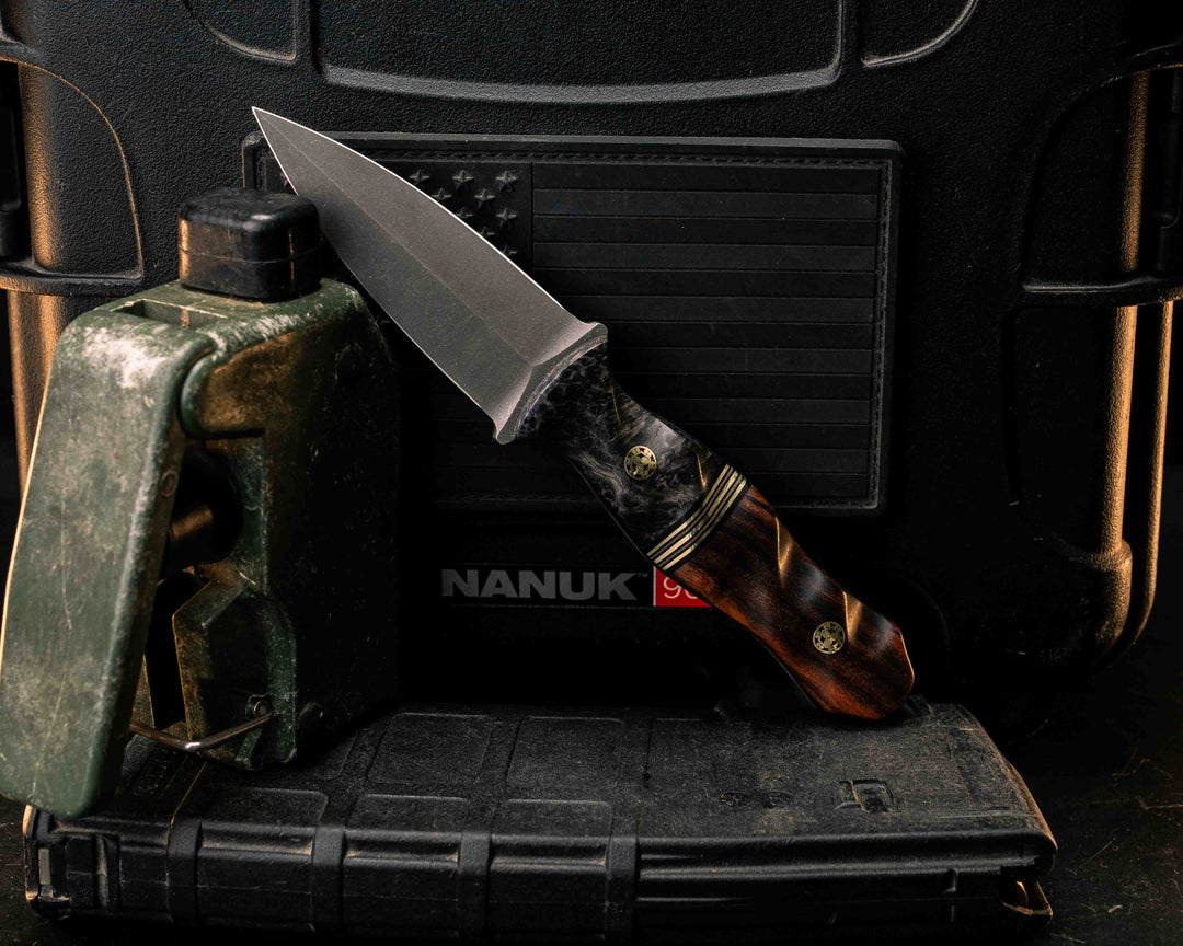 Pulse Checker- Dyed Buckeye Burl, Black G10, Brass and Coyote G10 Split, Desert Ironwood, Mosaic Pins, Textured Grip
