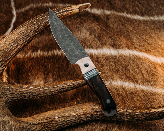 Feather Light- Elk Antler, Black & White G10 Pin Striping, Aluminum Splits, Desert Ironwood, Mosaic Pins, Smooth Grip.