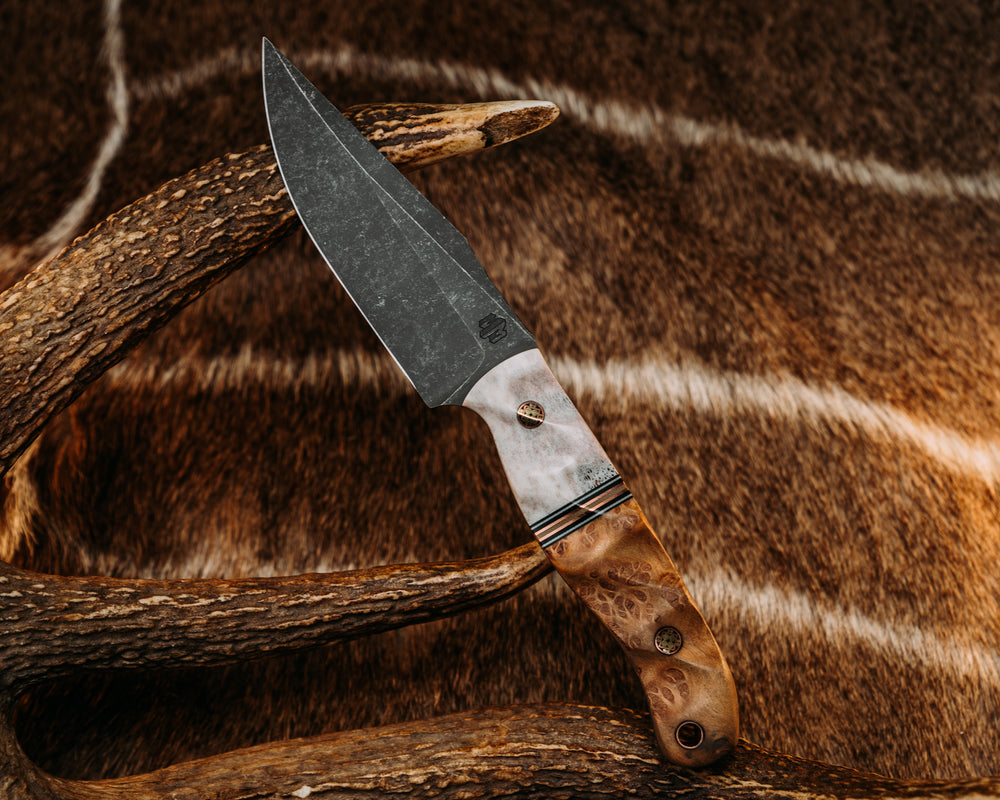Crow Scalper- Elk Antler, Black & White G10 Pin Striping, Copper Splits, Teak, Mosaic Pins, Textured Grip.