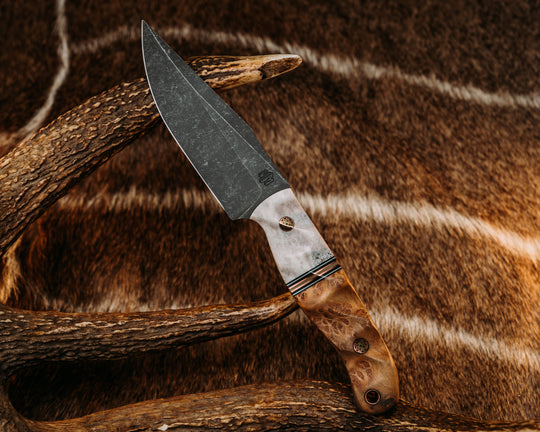 Crow Scalper- Elk Antler, Black & White G10 Pin Striping, Copper Splits, Teak, Mosaic Pins, Textured Grip.