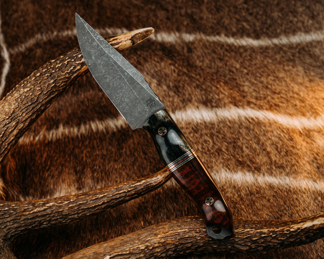 Crow Scalper- Dyed Giraffe Bone, Brass, Aluminum & Copper Split, Snakewood, Mosaic Pins, Textured Grip.