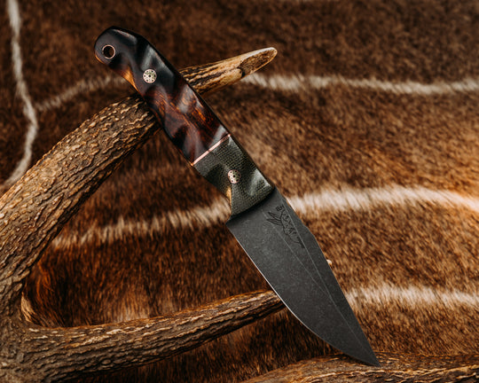 Crow Scalper- OD Green Canvas Micarta, Copper Split, Desert Ironwood, Mosaic Pins, Copper Lanyard Pin, Textured Grip.