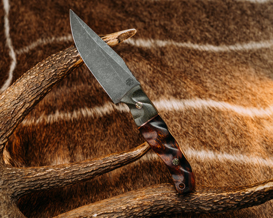 Crow Scalper- OD Green Canvas Micarta, Copper Split, Desert Ironwood, Mosaic Pins, Copper Lanyard Pin, Textured Grip.