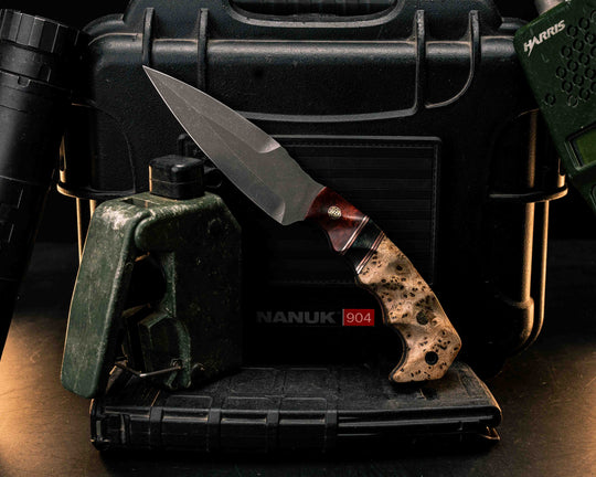 4" HUMINT- Dyed Amboyna, Black G10 and Copper Pin Striping, Dyed Hawaiian Curly Mango Split, Black Ash Burl, Mosaic Pins, CF Lanyard Pin, Textured Grip