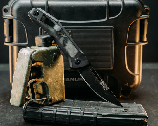 Custom Kwaiken Folder- Vintage AOR1 and American Flag Micarta, Anodized Black Handle, Black Nitride Blade, Smooth Grip, Deep Carry Pocket Clip