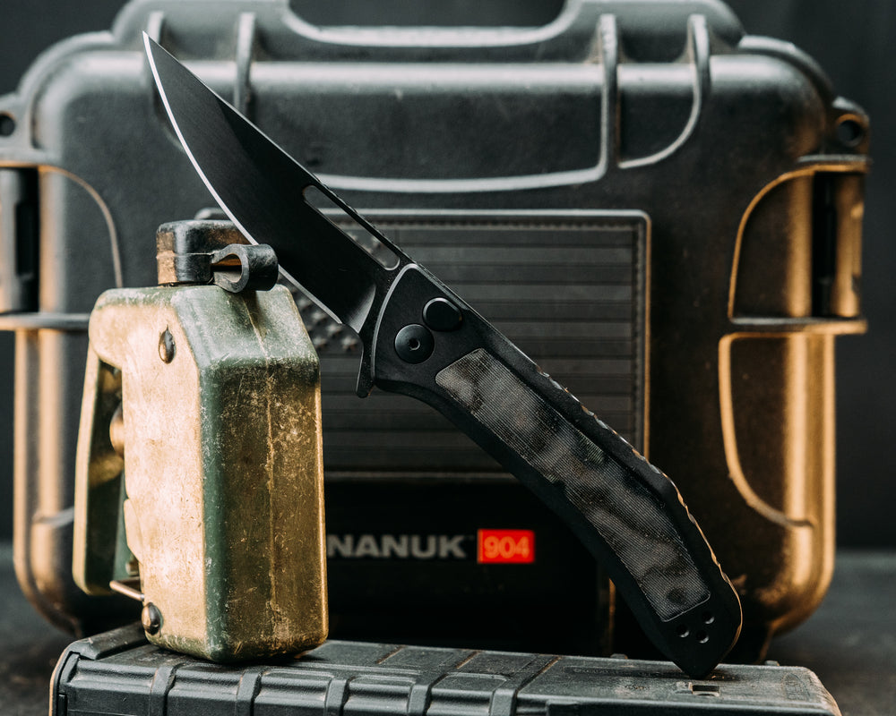 Custom Kwaiken Folder- Vintage AOR1 and American Flag Micarta, Anodized Black Handle, Black Nitride Blade, Smooth Grip, Deep Carry Pocket Clip
