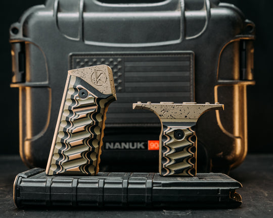 HFB x Kinetic AR Grip System SET - Coyote, Black & OD Green G10, Magpul FDE w/ Black Splatter Cerakote Frames, Snake Textured Grip