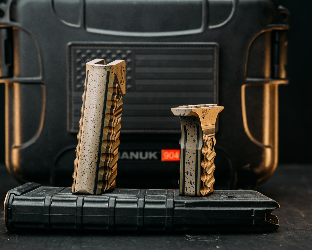 HFB x Kinetic AR Grip System SET - Coyote, Black & OD Green G10, Magpul FDE w/ Black Splatter Cerakote Frames, Snake Textured Grip
