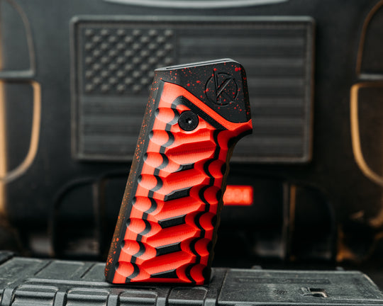 HFB x Kinetic AR Grip - Red & Black G10, Black w/ Red Splatter Cerakote Frame, Snake Grip