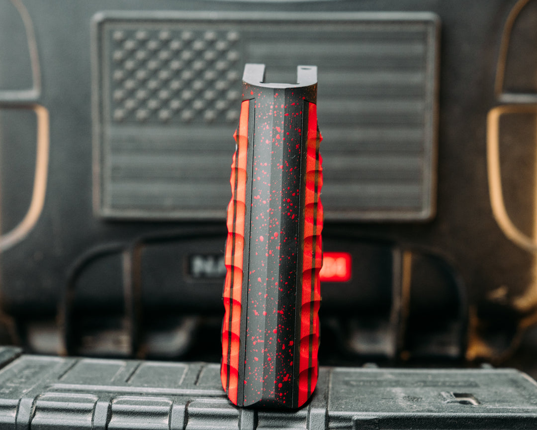 HFB x Kinetic AR Grip - Red & Black G10, Black w/ Red Splatter Cerakote Frame, Snake Grip
