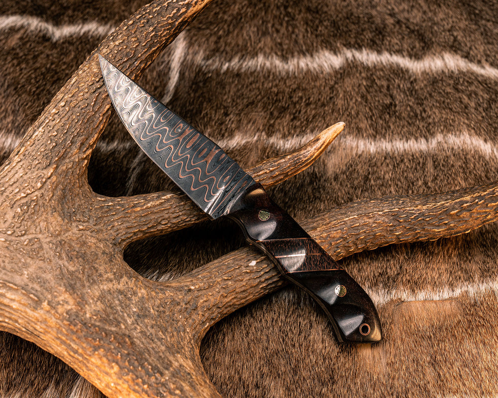 Red Crow- Baker Forge CopperMai Ladder Pattern Damascus- Desert Ironwood, Copper Pin Striping, Copper Camo Carbon Split, Mosaic Pins, Copper Lanyard Pin, Textured Grip