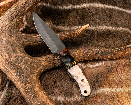 Crow Scalper- Desert Ironwood, Black G10, Coyote G10 and Brass Split, Elk Antler, Mosaic Pins, Brass Lanyard Pin, Textured Grip