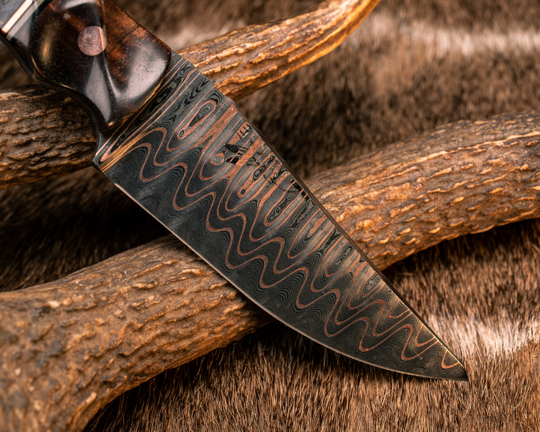Red Crow- Baker Forge CopperMai Ladder Pattern Damascus- Hawaiian Curly Koa, Black G10, Grey G10 and Copper Pin Striping, Dyed Box Elder Split, Copper Pins, Copper Lanyard Pin, Textured Grip